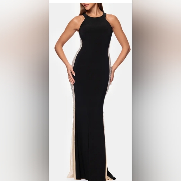 NWT Xscape Beaded Mesh Detail Sleeveless Sheath Gown Sz 10 Black Nude Silver - Picture 2 of 13